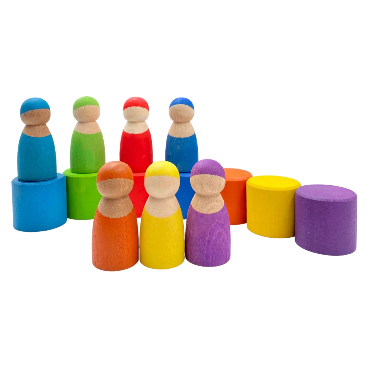 7-Piece “Skin Stones” Stained Rainbow Wooden Peg Dolls in Matching Bowls - BIG FRENCHIES