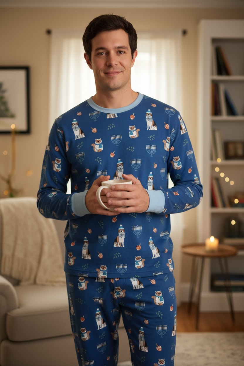Hanukkah Pets (Men's Long Sleeve PJ) - Blue - BIG FRENCHIES