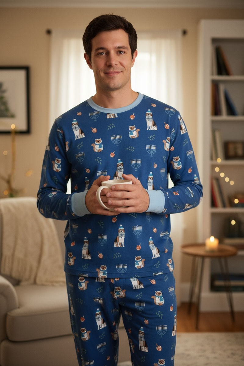 Hanukkah Pets (Men's Long Sleeve PJ) - Blue - BIG FRENCHIES