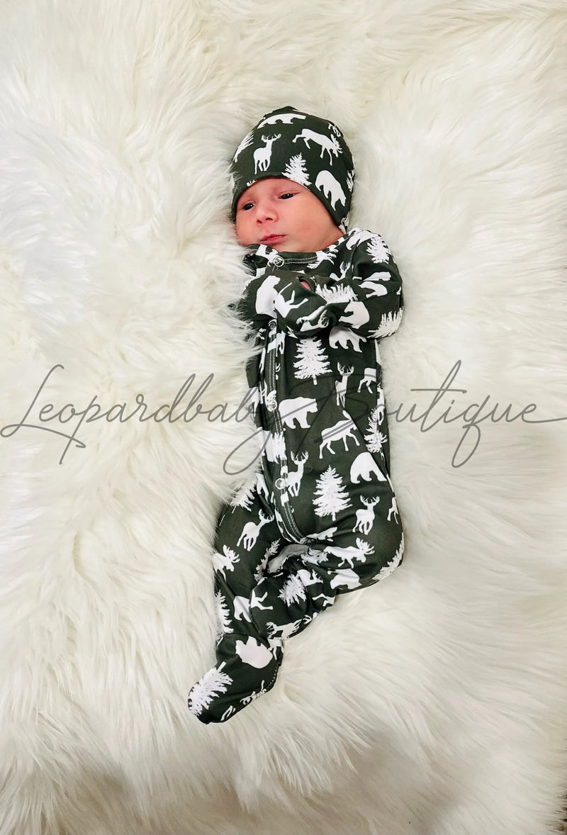 NEWBORN hunter green woodland sleeper Set - BIG FRENCHIES