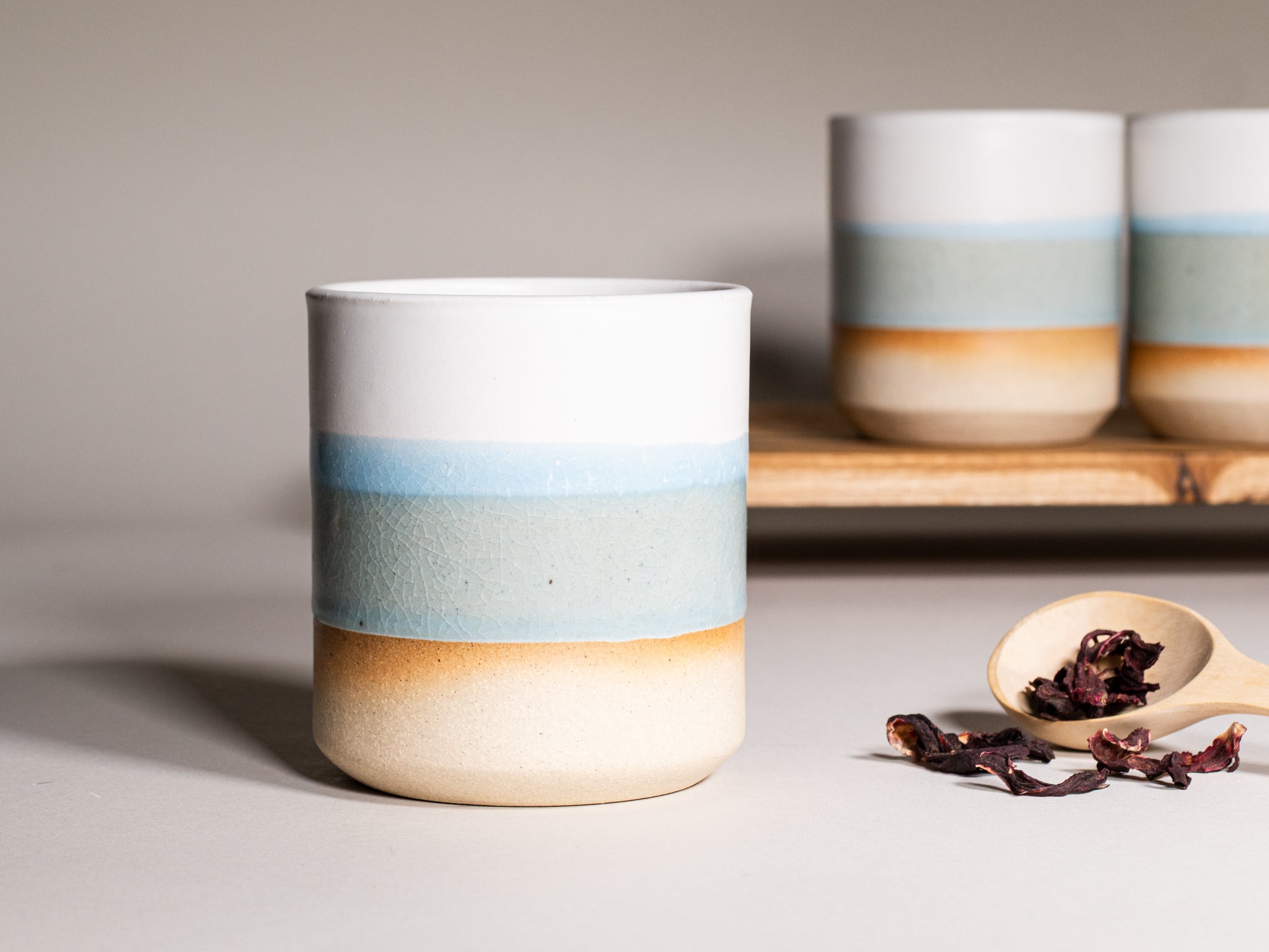 Smoothie Cup Light Blue White 14 oz Stoneware