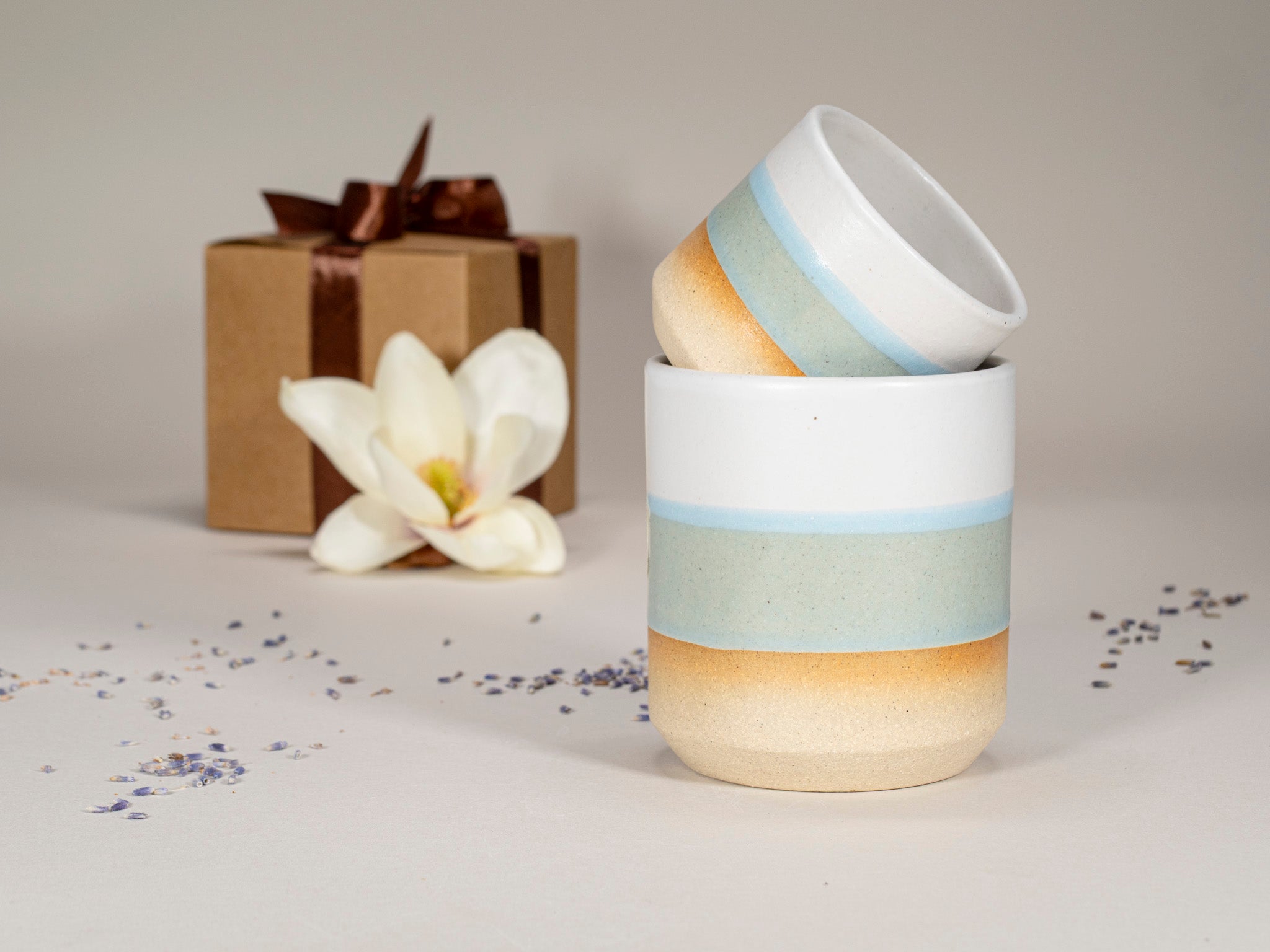 Gift Set: 14 oz cup and 5.5 oz cup in Light Blue White Stoneware