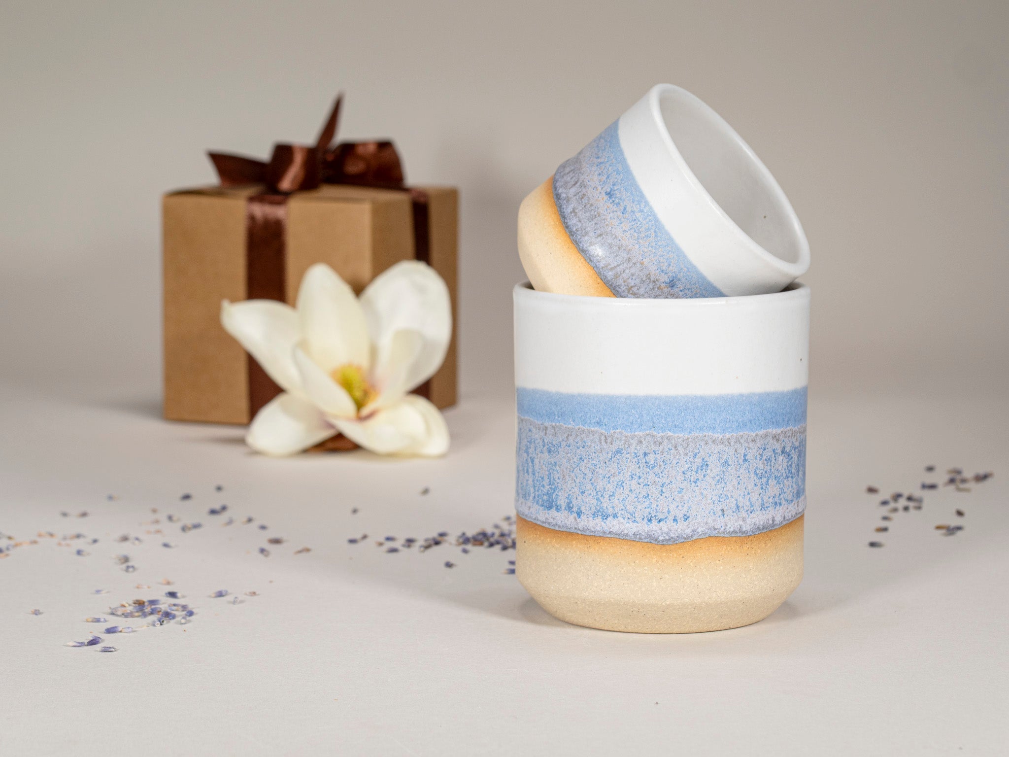 Gift Set: 14 oz cup and 5.5 oz cup in Blue Purple White Stoneware