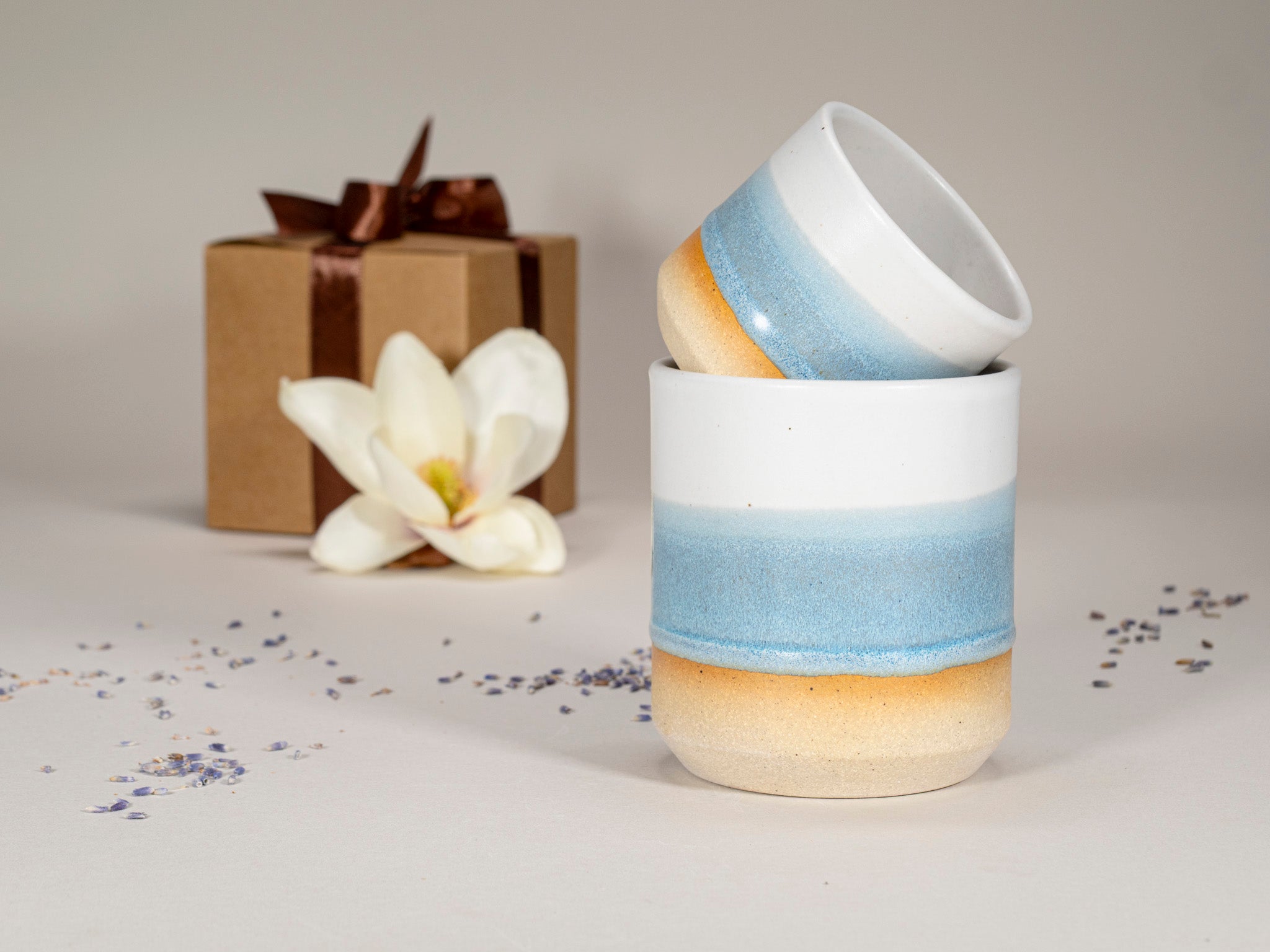 Gift Set: 14 oz cup and 5.5 oz cup in Ice Blue White Stoneware