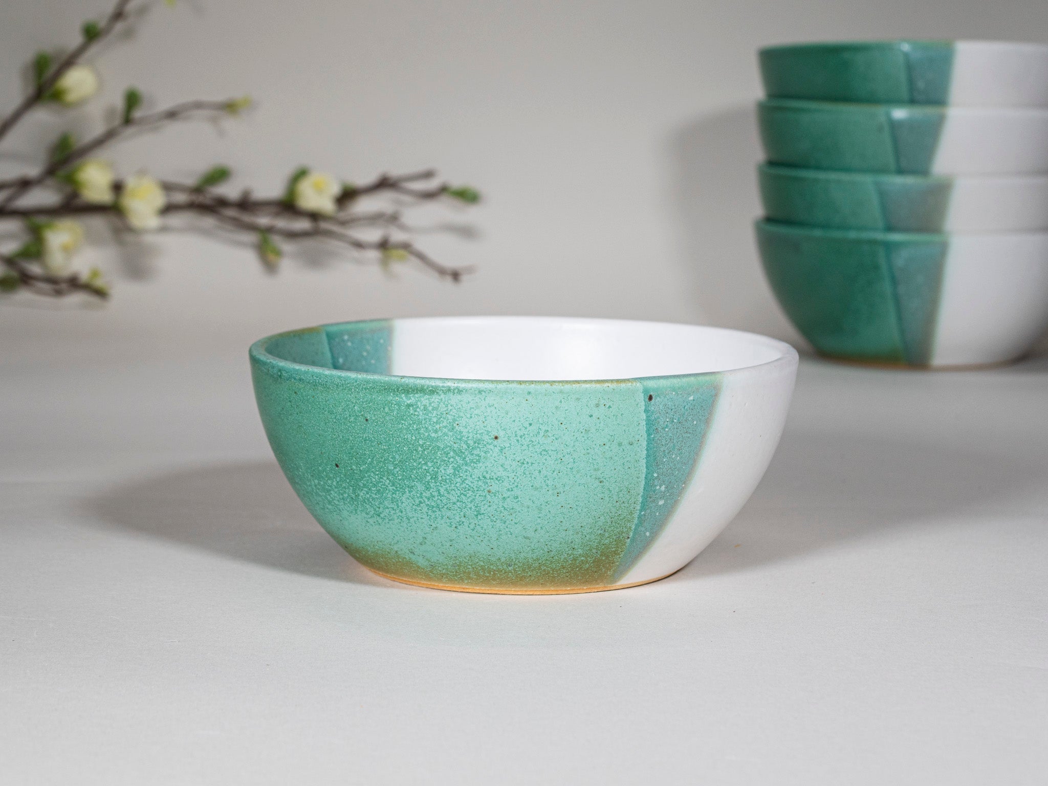 Breakfast Salad Soup Bowl Green White Stoneware Handmade