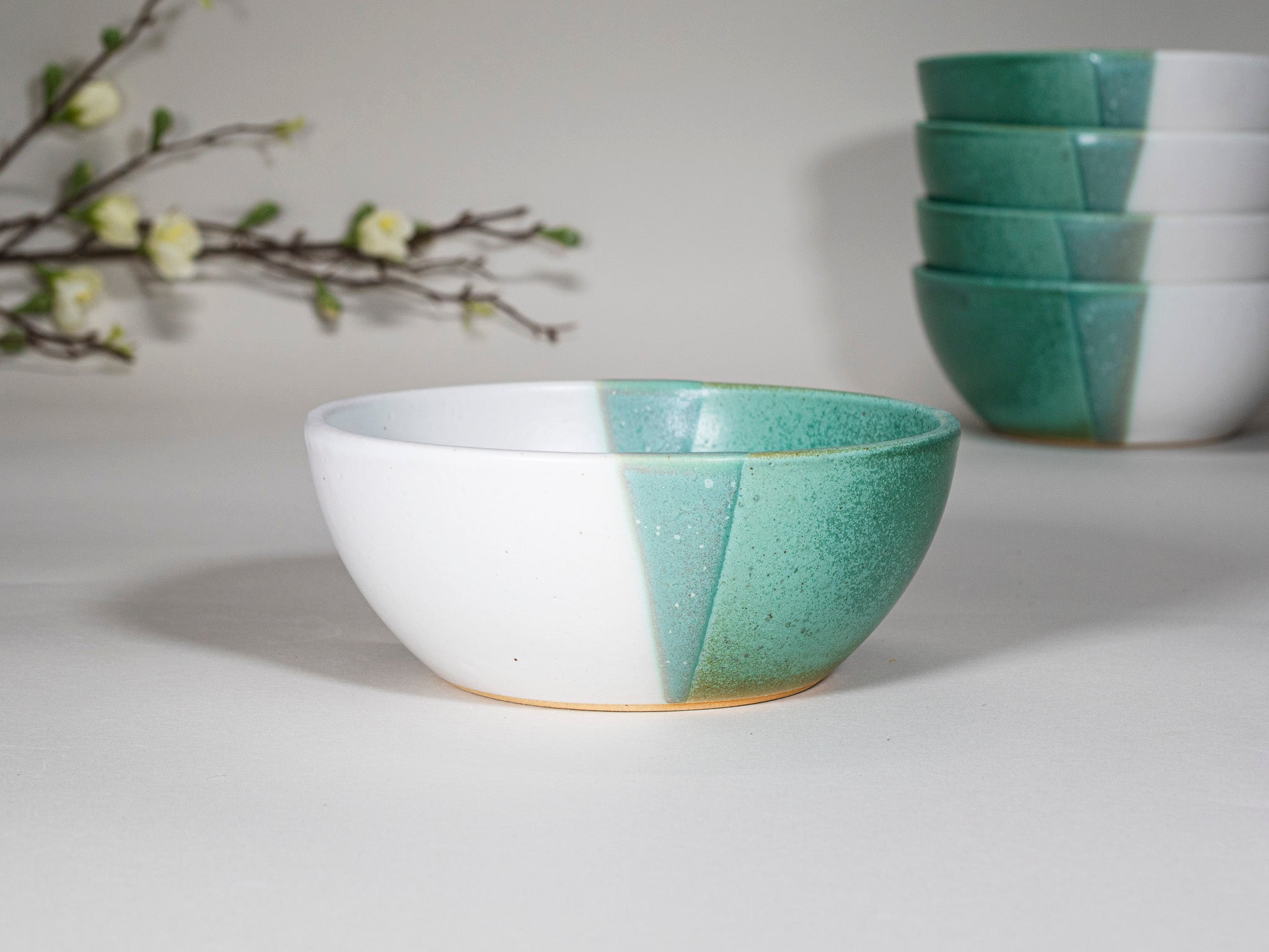 Breakfast Salad Soup Bowl Green White Stoneware Handmade