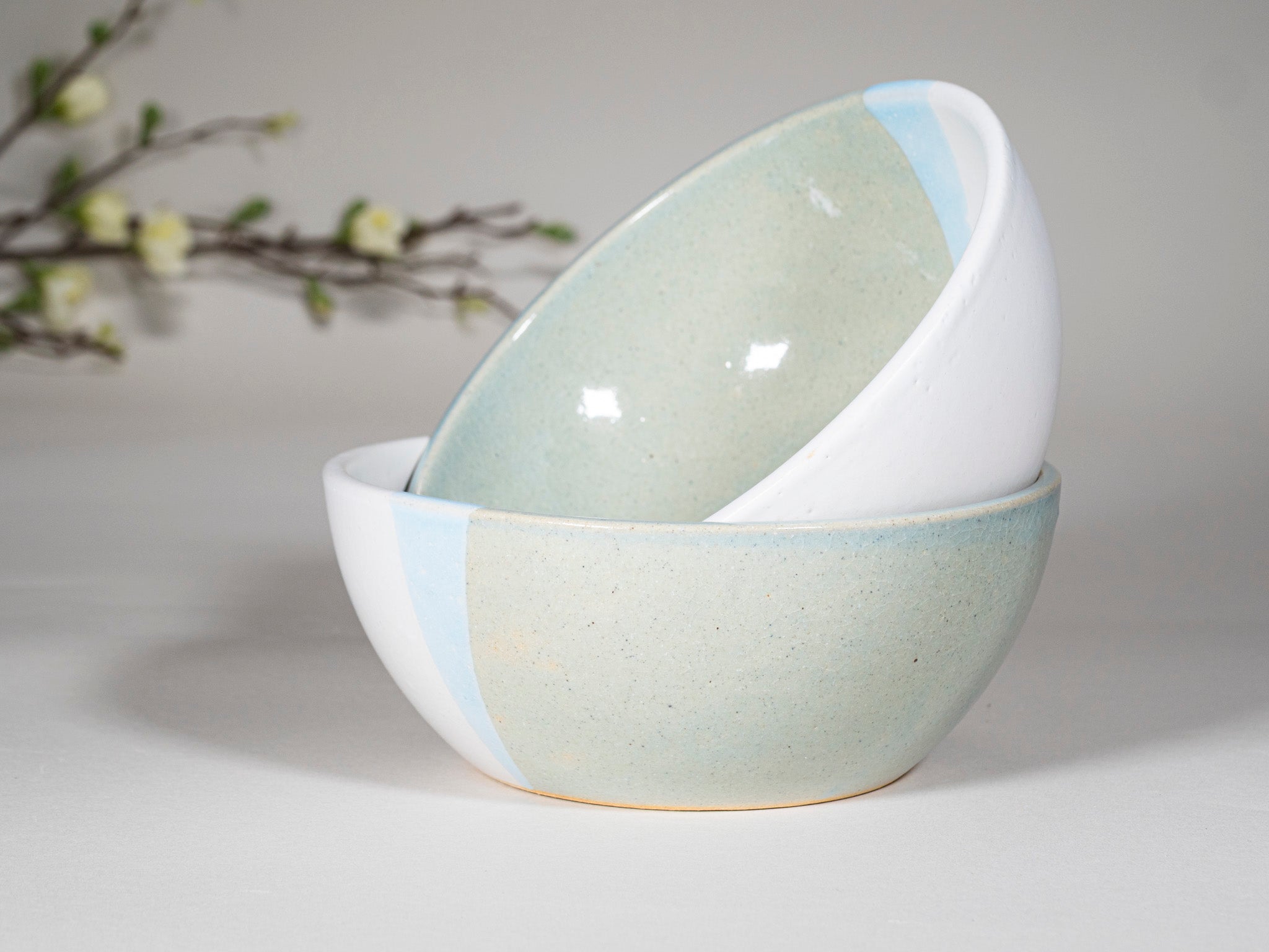 Breakfast Salad Soup Bowl Light Blue White Stoneware Handmade