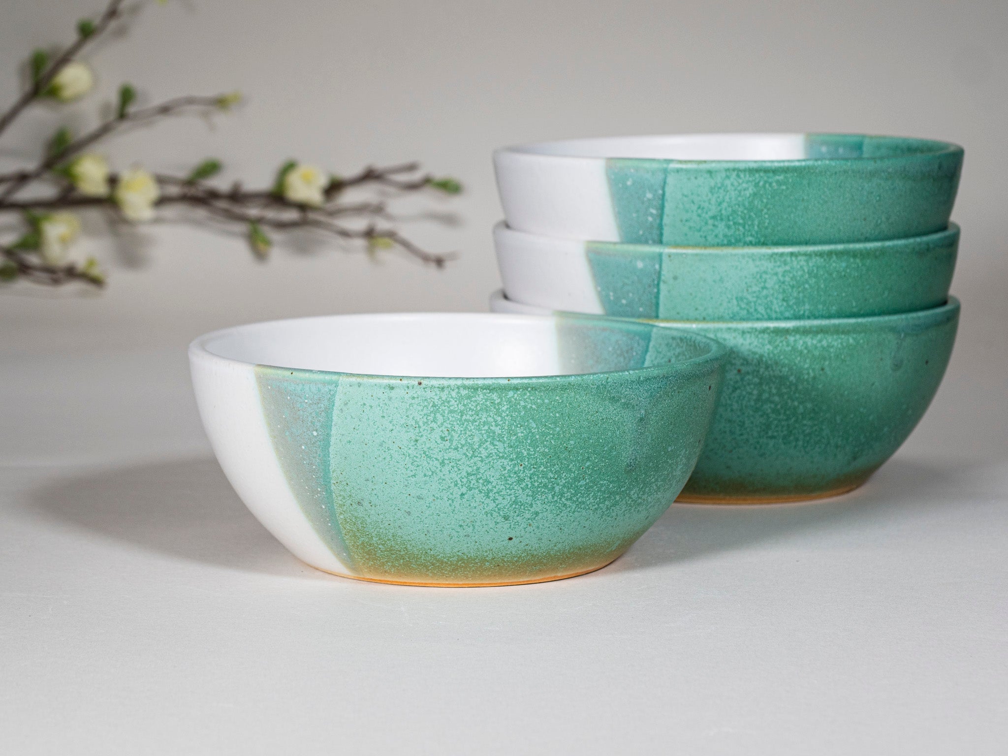 Breakfast Salad Soup Bowl Green White Stoneware Handmade