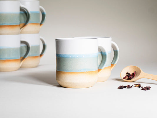 Ceramic Coffee Tea Mug with Handle Light Blue White 14 oz Stoneware