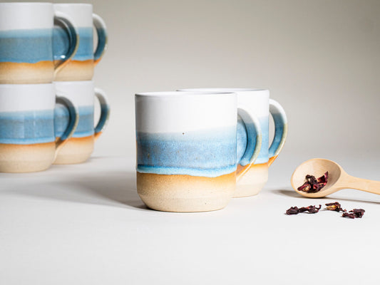 Ceramic Coffee Tea Mug with Handle Ice Blue White 14 oz Stoneware