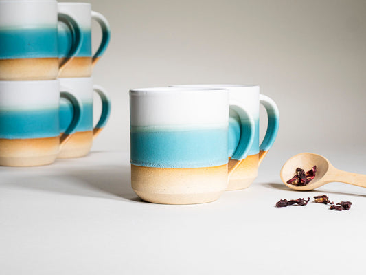 Ceramic Coffee Tea Mug with Handle Turquoise White 14 oz Stoneware