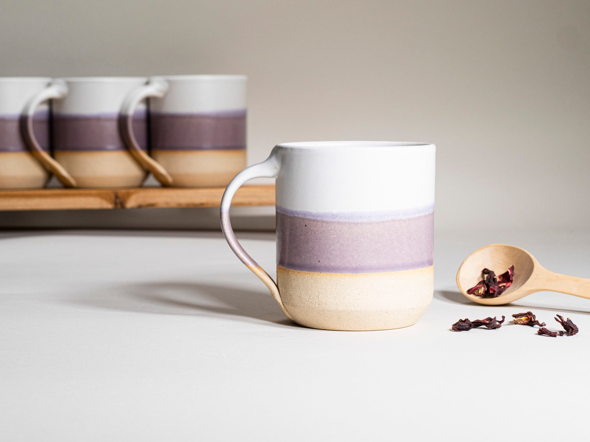Ceramic Coffee Tea Mug with Handle Purple White 14 oz Stoneware