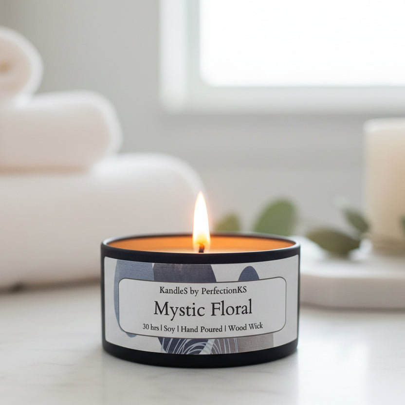 Mystic Floral Luxury Candle | 8oz Non-Toxic Soy Candle with Wooden Wick | Clean Burn