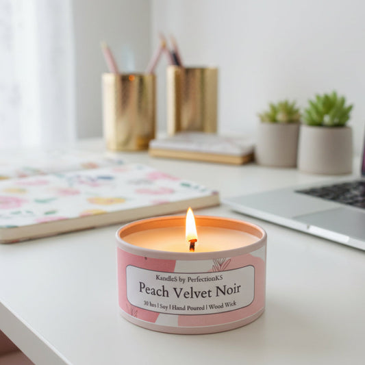 Peach Velvet Noir Luxury Candle | 8oz Non-Toxic Soy Candle with Wooden Wick | Clean Burn