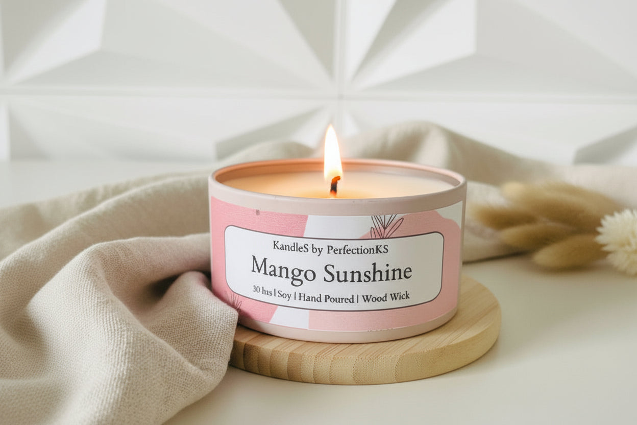 Mango Sunshine Luxury Candle | 8oz Non-Toxic Soy Candle with Wooden Wick | Clean Burn