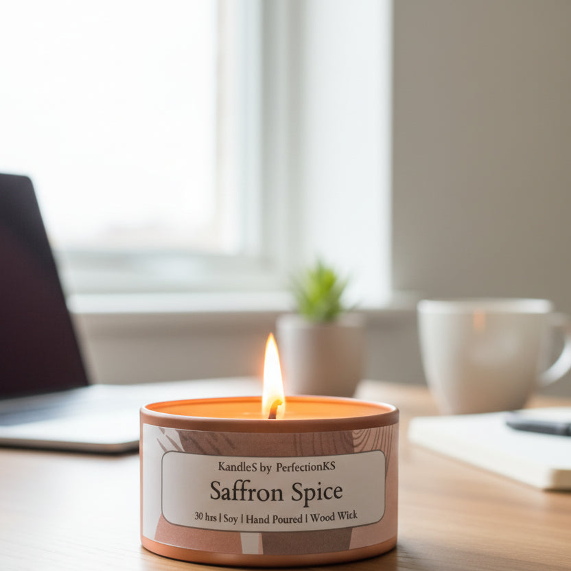 Saffron Spice Luxury Candle | 8oz Non-Toxic Soy Candle with Wooden Wick | Clean Burn