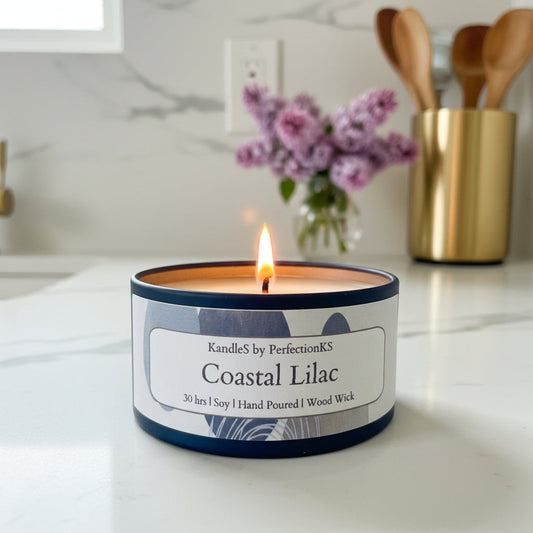 Coastal Lilac Luxury Candle | 8oz Non-Toxic Soy Candle with Wooden Wick | Clean Burn