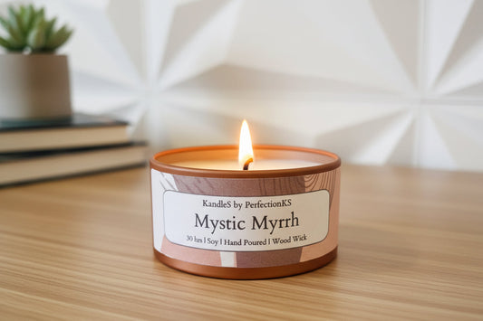 Mystic Myrrh Amber Luxury Candle | 8oz Non-Toxic Soy Candle with Wooden Wick | Clean Burn