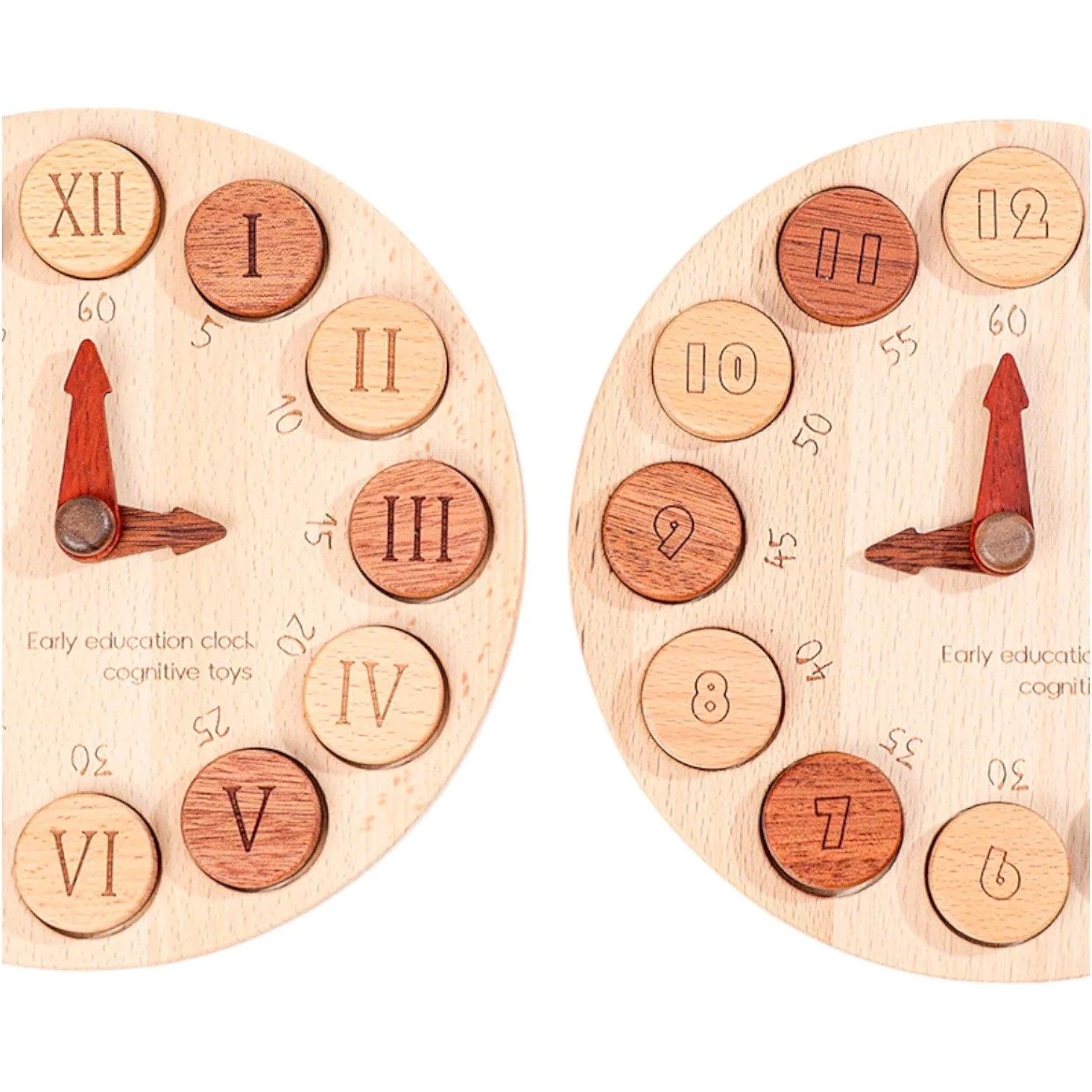 Wooden Cognitive Learning Clock – Dual-Sided Time Recognition Toy with Roman and Arabic Numerals - BIG FRENCHIES