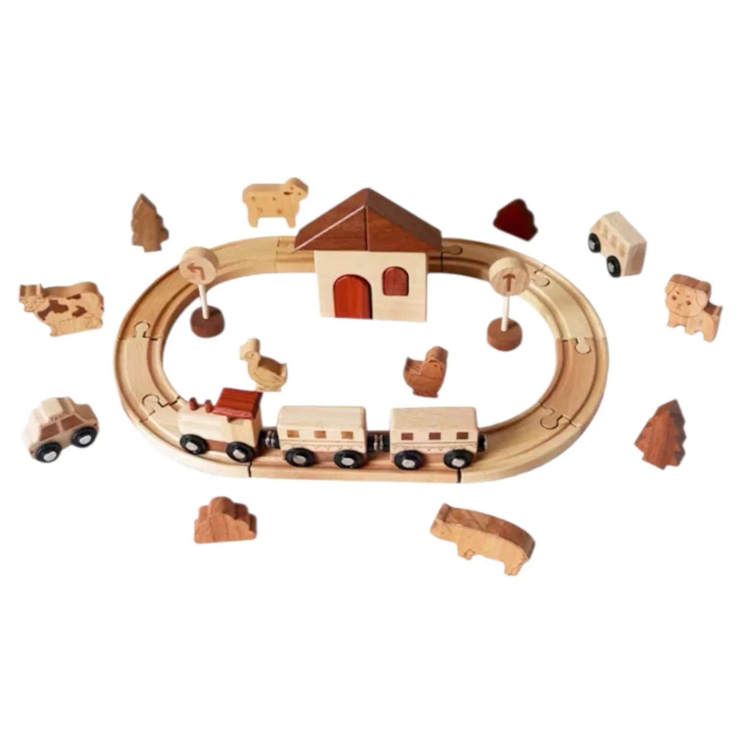 Wooden Farm Train Track Play Set – 32-Piece Natural Solid Wood Toy - BIG FRENCHIES