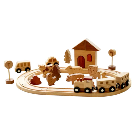 Wooden Farm Train Track Play Set – 32-Piece Natural Solid Wood Toy - BIG FRENCHIES