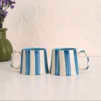 Aqua Blue Stripe Coffee cup | Handpainted Ceramic | 220ml (Set of 2)
