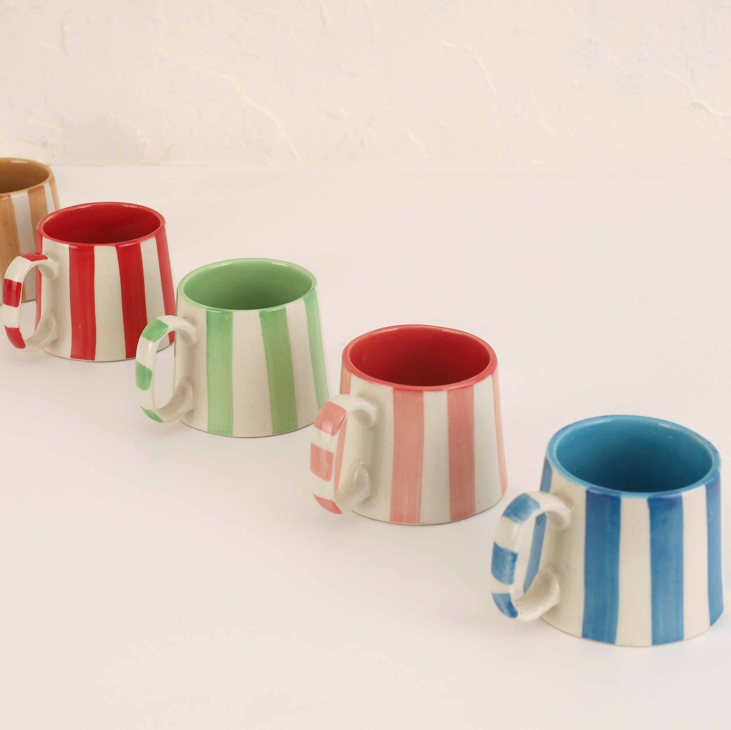 Aqua Blue Stripe Coffee cup | Handpainted Ceramic | 220ml (Set of 2)
