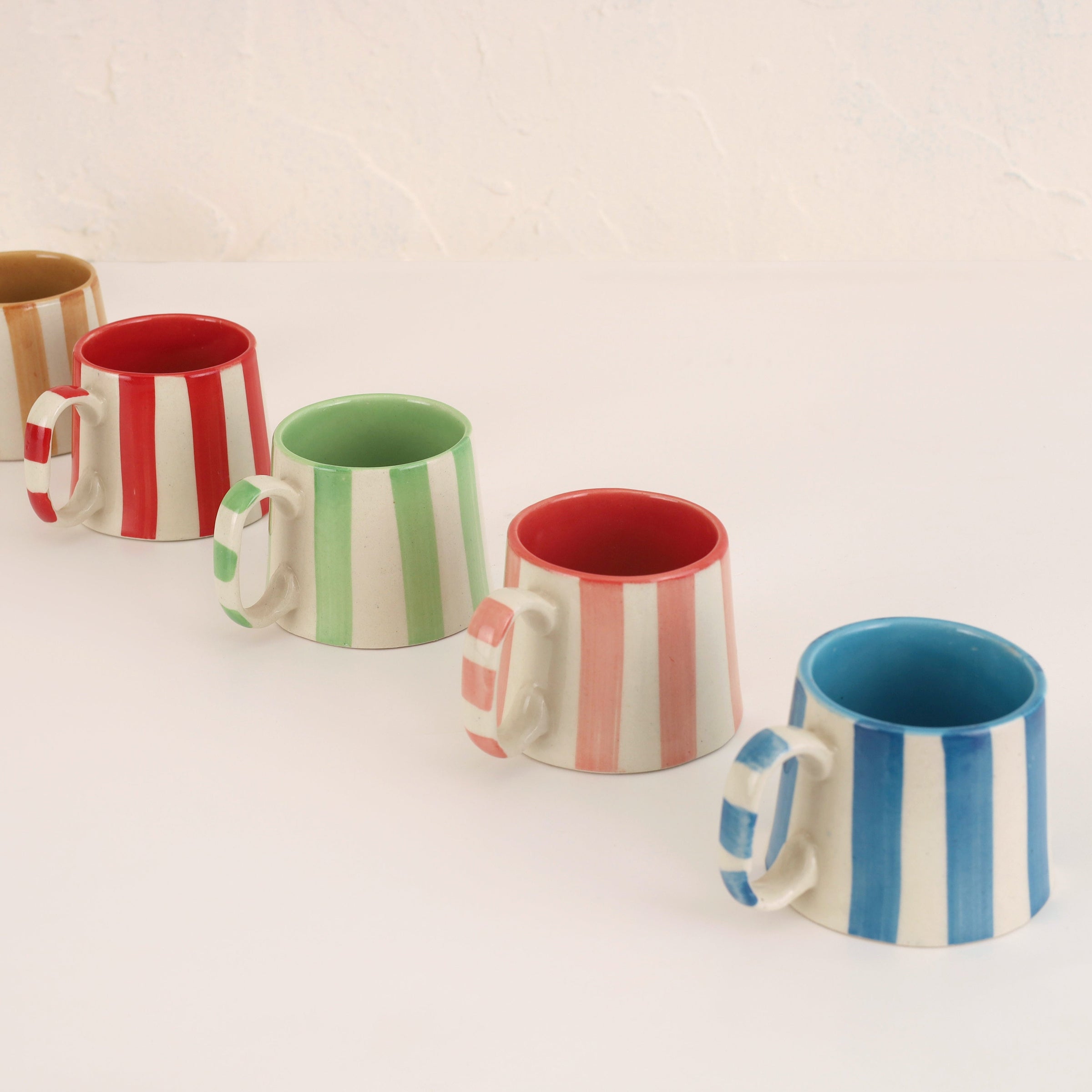 Red Stripe Coffee Cup | Handpainted Stoneware Mug | 7.5oz (Set of 2)