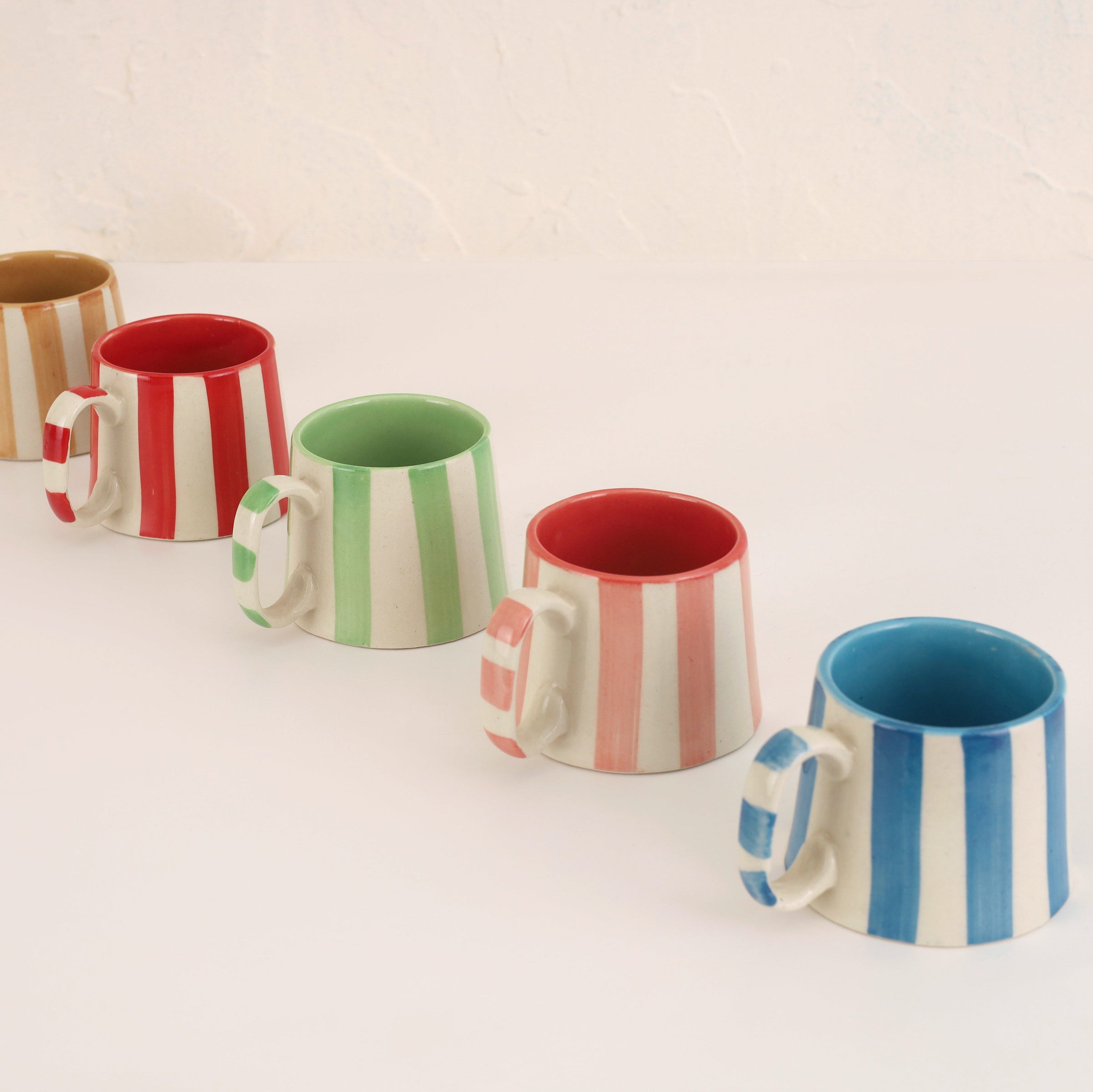 Pink Stripe Coffee Cup | Handpainted Stoneware Mug | 220ml (Set of 2)