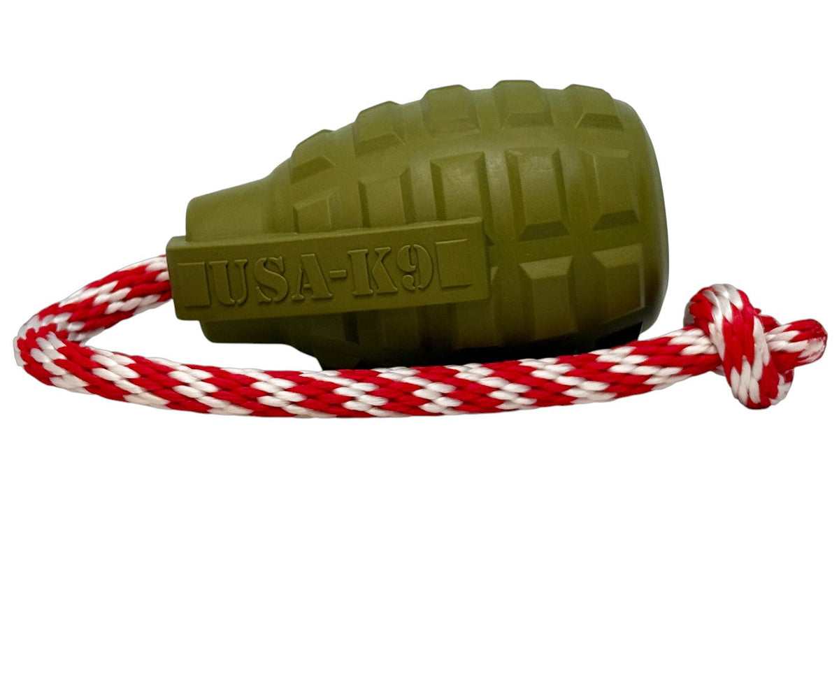 USA-K9 Grenade Shaped Rubber Dog Toy - Chew, Treat Dispenser & Tug Toy | USA - Army Green - BIG FRENCHIES