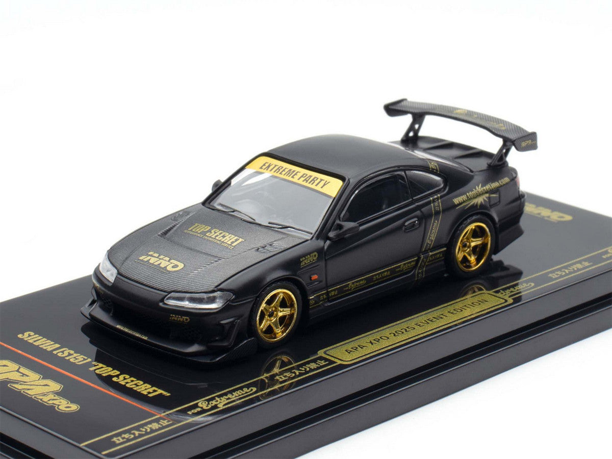Nissan "Top Secret" Silvia (S15) RHD (Right Hand Drive) Matt Black with Carbon Hood "APA XPO 2025 Event Edition VIP Ticket Bundle" 1/64 Diecast Model Car by Inno Models