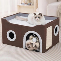 Indoor Cat House Cube with Bed, Scratch Pad & Toy Ball, Foldable Condo