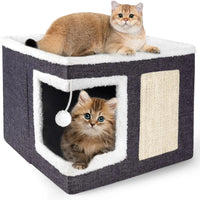 Indoor Cat House Cube with Bed, Scratch Pad & Toy Ball, Foldable Condo