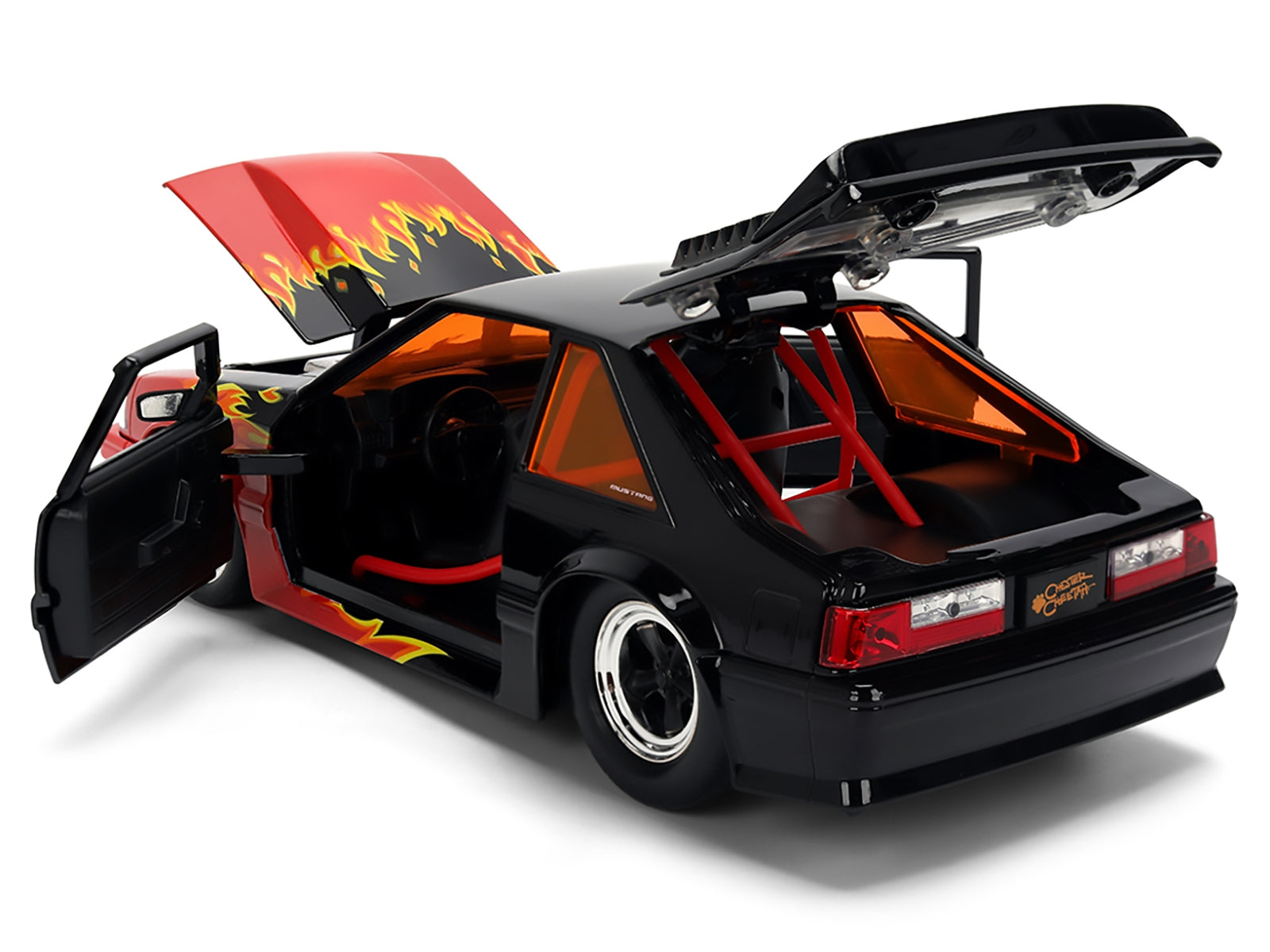 1989 Ford Mustang GT Black with Red Flame Graphics and Chester Cheetah Diecast Figure "Cheetos Flamin' Hot" "Hollywood Rides" Series 1/24 Diecast Model Car by Jada