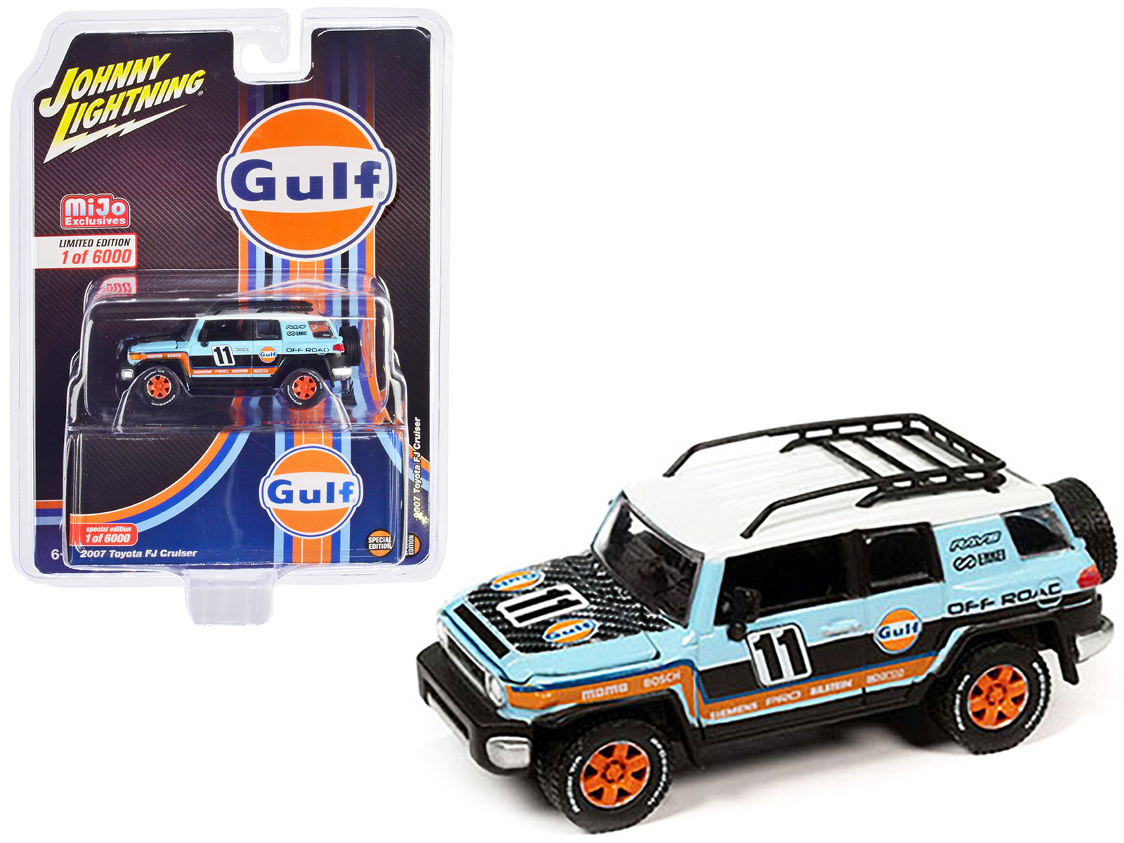 2007 Toyota FJ Cruiser #11 Light Blue "Gulf Oil" with Roofrack Limited Edition to 6000 pieces Worldwide 1/64 Diecast Model Car by Johnny Lightning - BIG FRENCHIES