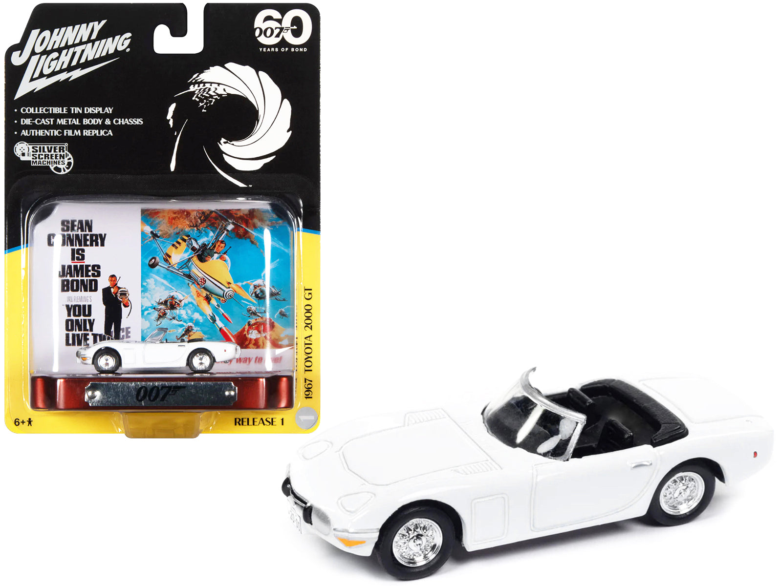 1967 Toyota 2000 GT Convertible RHD (Right Hand Drive) White 007 (James Bond) "You Only Live Twice" (1967) Movie with Collectible Tin Display "Silver Screen Machines" Series 1/64 Diecast Model Car by Johnny Lightning - BIG FRENCHIES