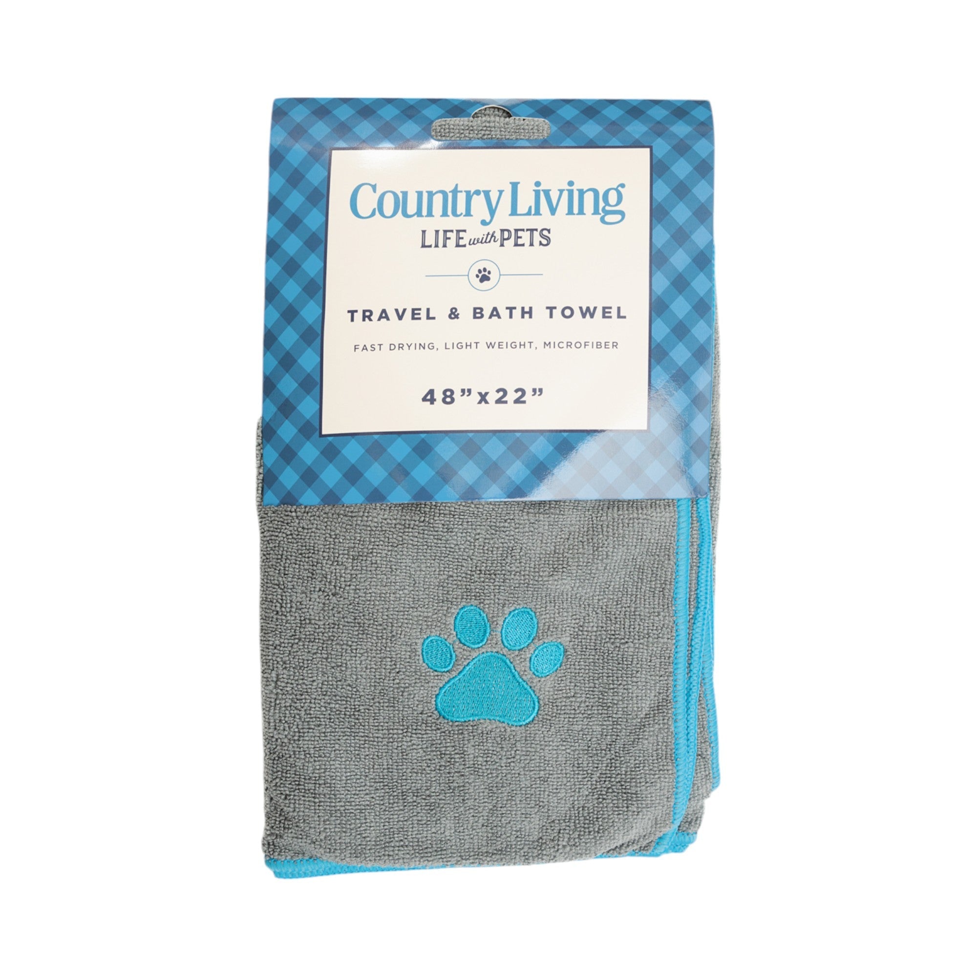Country Living Large Gray Microfiber Dog Bath Towel with Teal Embroidered Paw Print - BIG FRENCHIES