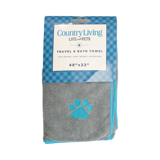 Country Living Large Gray Microfiber Dog Bath Towel with Teal Embroidered Paw Print - BIG FRENCHIES