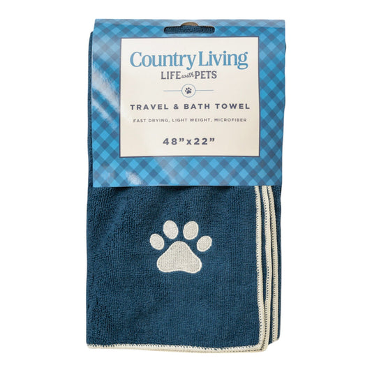 Country Living Large Marine Blue Microfiber Dog Bath Towel with Embroidered Paw Print - BIG FRENCHIES