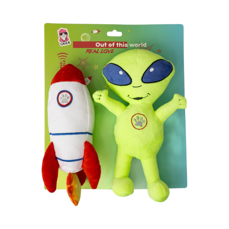 Space Alien & Rocket Plush Dog Toy Gift Set – with Squeaker & Crinkle Paper for Fun Play - BIG FRENCHIES