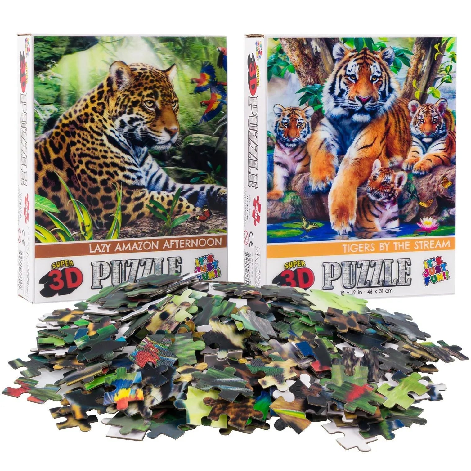 Jaguar & Tigers Set of 2 300 Piece Lenticular Jigsaw Puzzles Prime 3D - BIG FRENCHIES