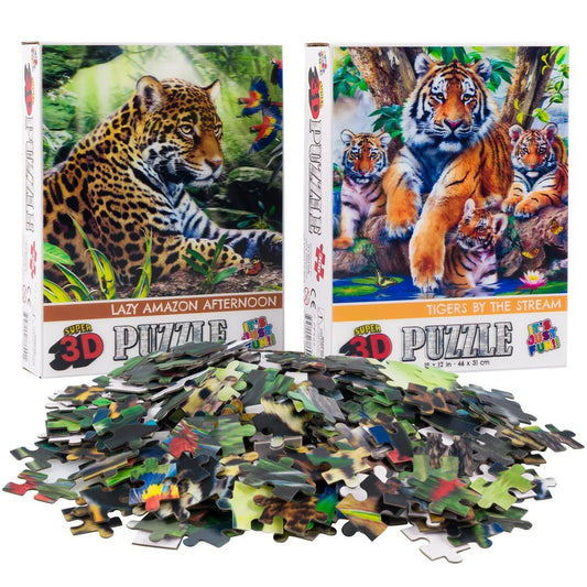 Jaguar & Tigers Set of 2 300 Piece Lenticular Jigsaw Puzzles Prime 3D - BIG FRENCHIES