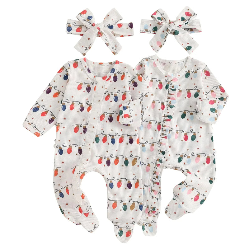 Baby Girl Footies Newborn Zipper Sleeper 2 Pack Ruffle Pajamas Romper Coming Home Outfit (Light&FestivalNewborn) - # BAAA81810010 - BIG FRENCHIES