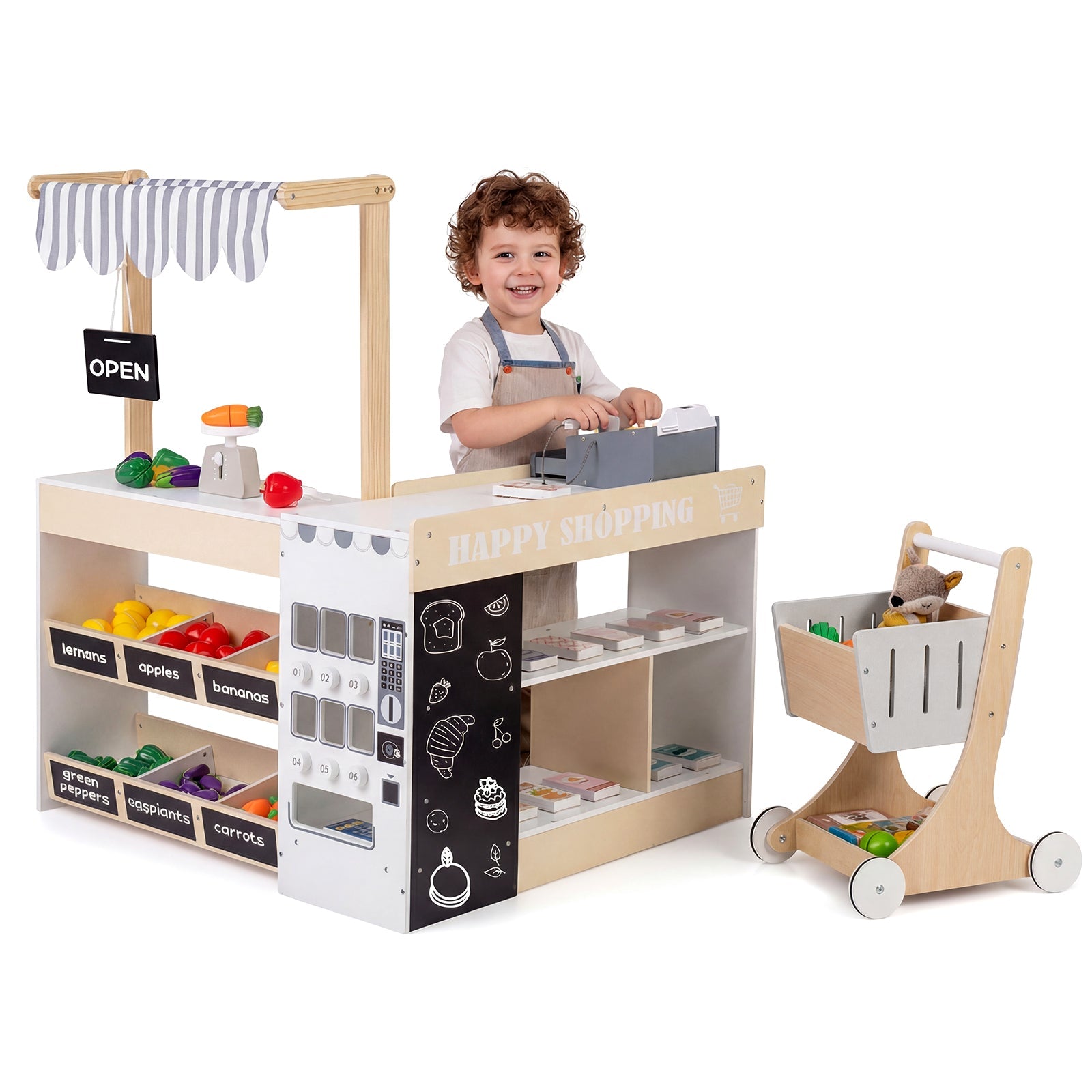 Kids Grocery Store Playset Wooden Pretend Play Supermarket with Shopping Cart