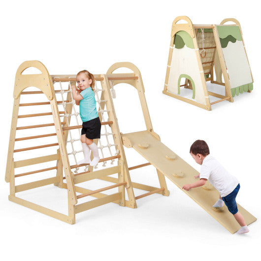 6-in-1 Wooden Kids Jungle Gym Playset with Slide Climbing Net-Natural - BIG FRENCHIES
