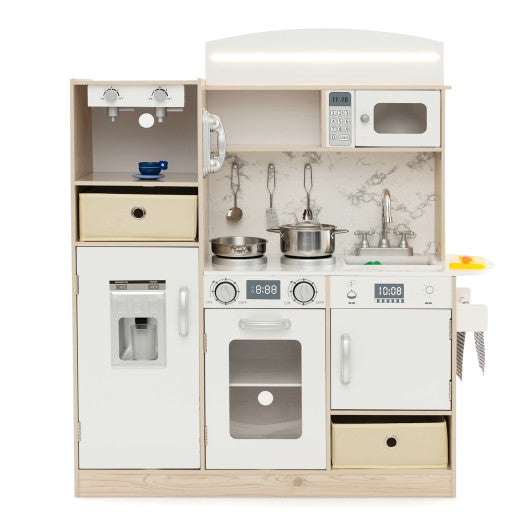 Kids Kitchen Playset with Adjustable LED Lights Removable Fabric Bins-White - BIG FRENCHIES