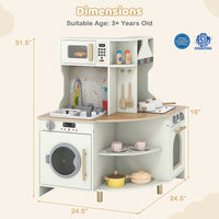 Kids Play Kitchen Wooden Corner Kitchen Playset with Working Faucet and Sink-Beige
