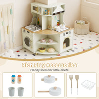 Kids Play Kitchen Wooden Corner Kitchen Playset with Working Faucet and Sink-Beige