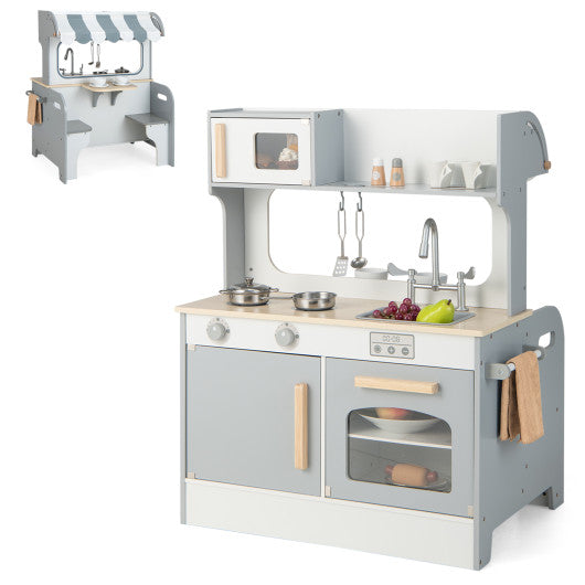 Double Sided Kids Pretend Kitchen Playset with 2-Seat Cafe-Gray - BIG FRENCHIES
