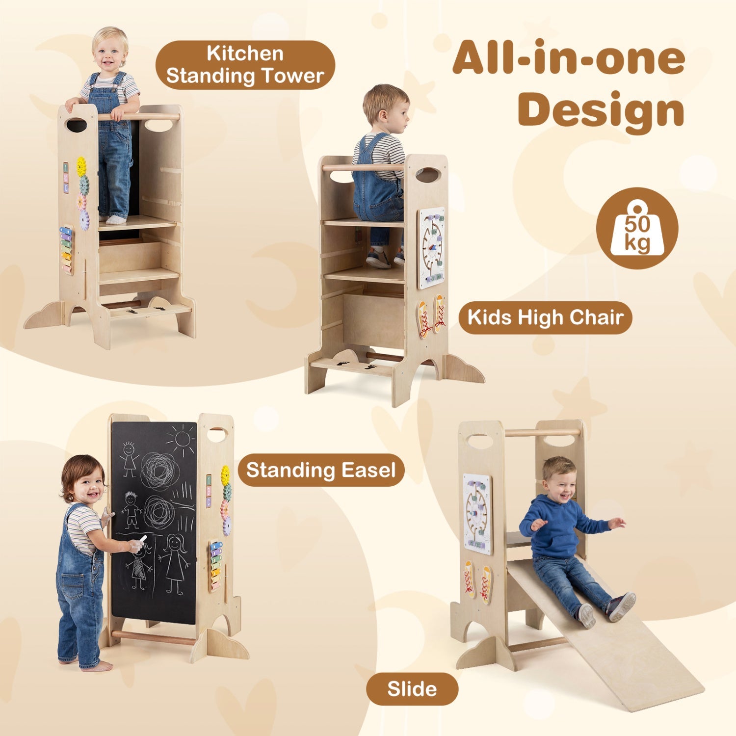 Kids Standing Tower with Detachable Chalkboard and Montessori Games for 3+ Years Old